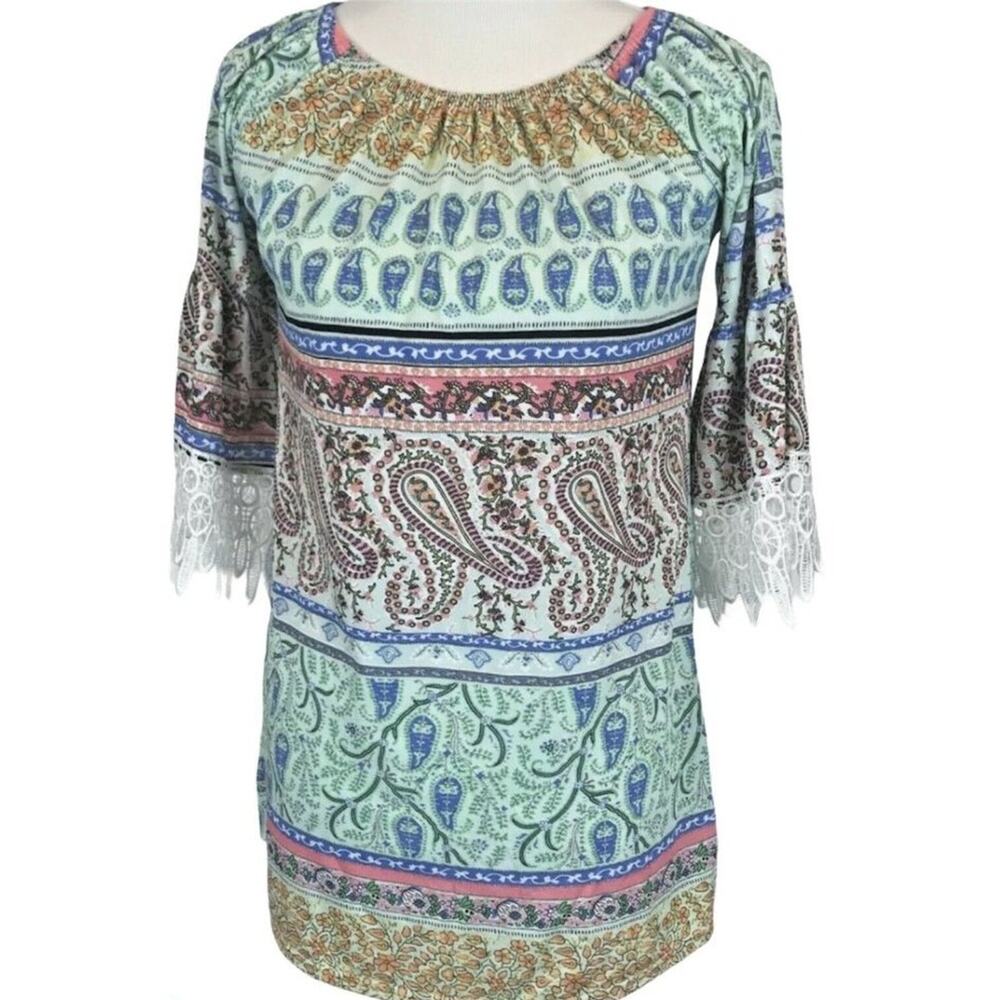 Vintage Womens Tunic Top Lace‎ Paisley Floral BoHo Hippie Crochet Festival S/M